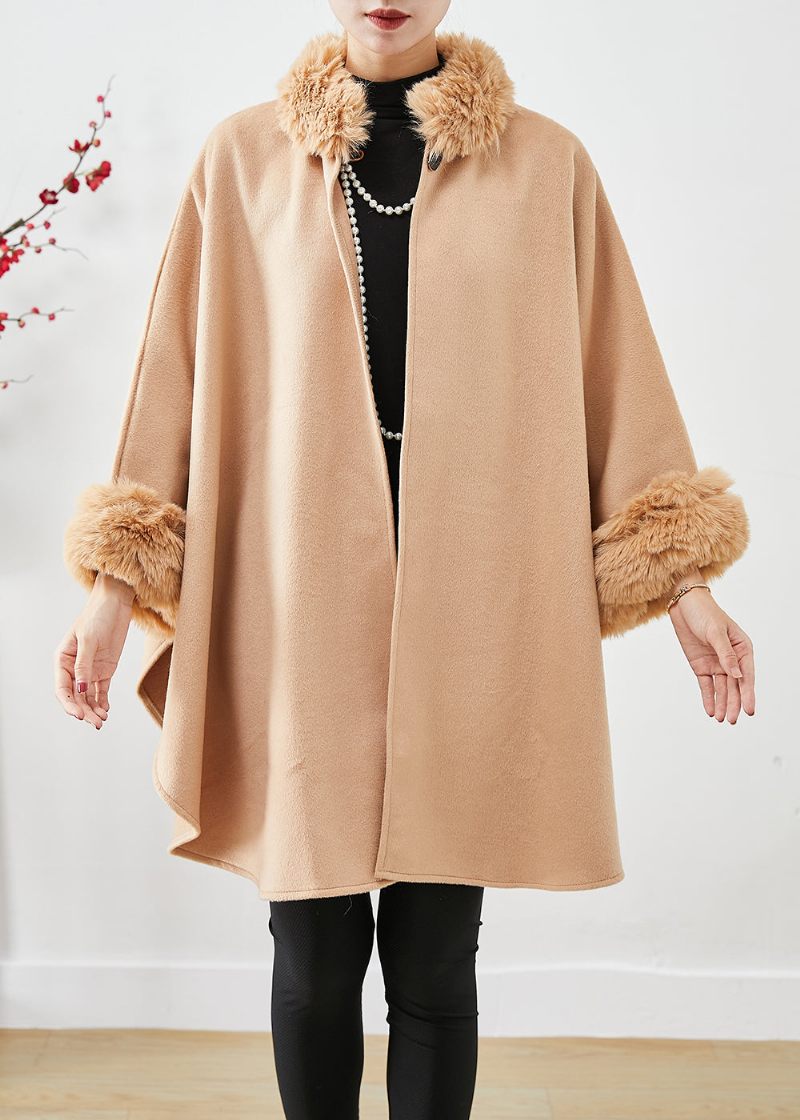 Let Camel Uld Trench Oversized Pelskrave Batwing Sleeve - Dame uldfrakker