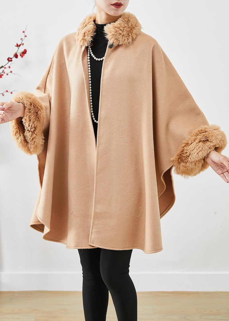 Let Camel Uld Trench Oversized Pelskrave Batwing Sleeve - Dame uldfrakker