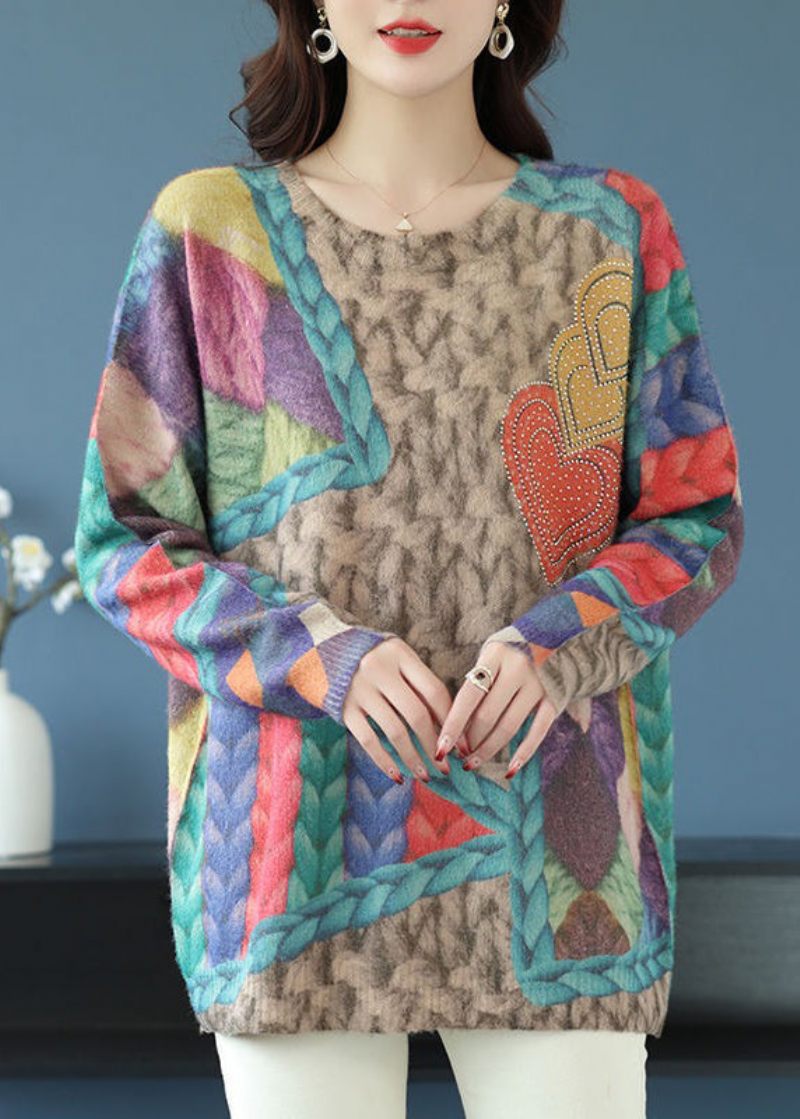 Loose Rainbow O Neck Print Patchwork Uld Strik Toppe Forår