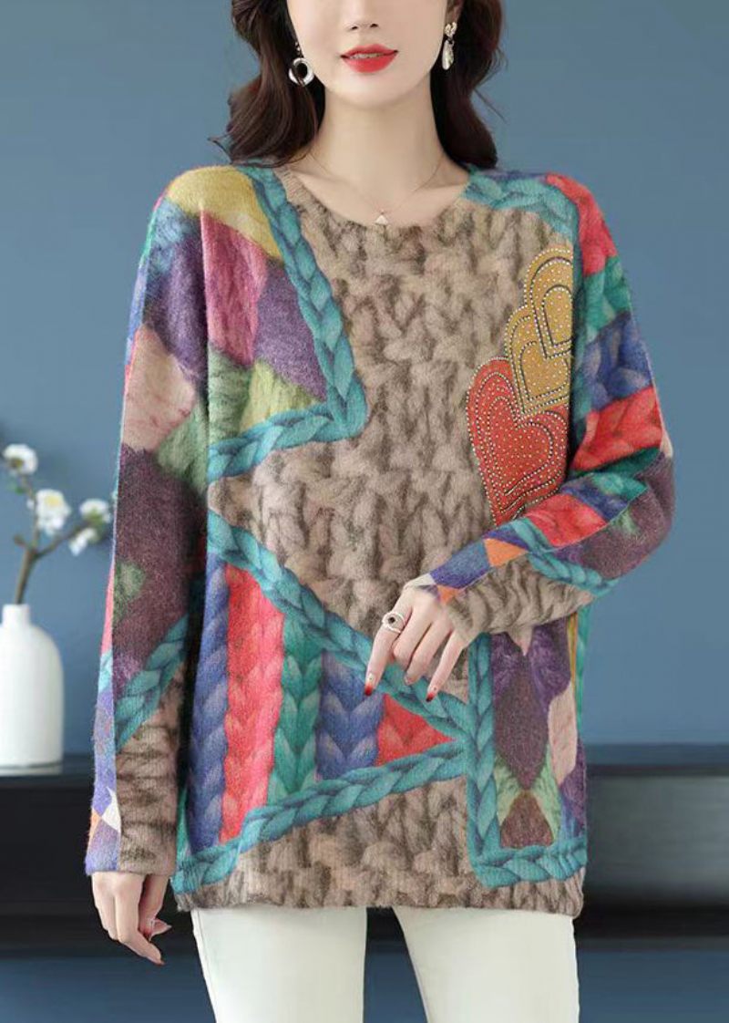 Loose Rainbow O Neck Print Patchwork Uld Strik Toppe Forår - Dame uldfrakker