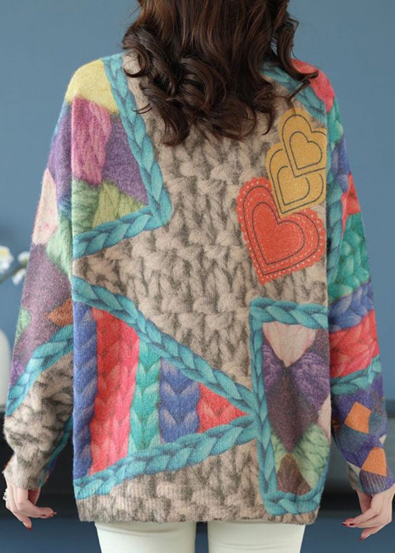 Loose Rainbow O Neck Print Patchwork Uld Strik Toppe Forår - Dame uldfrakker