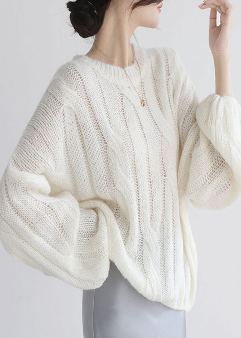 Loose White Hollow Out Hyggelig Woolen Shirt Puff Sleeve