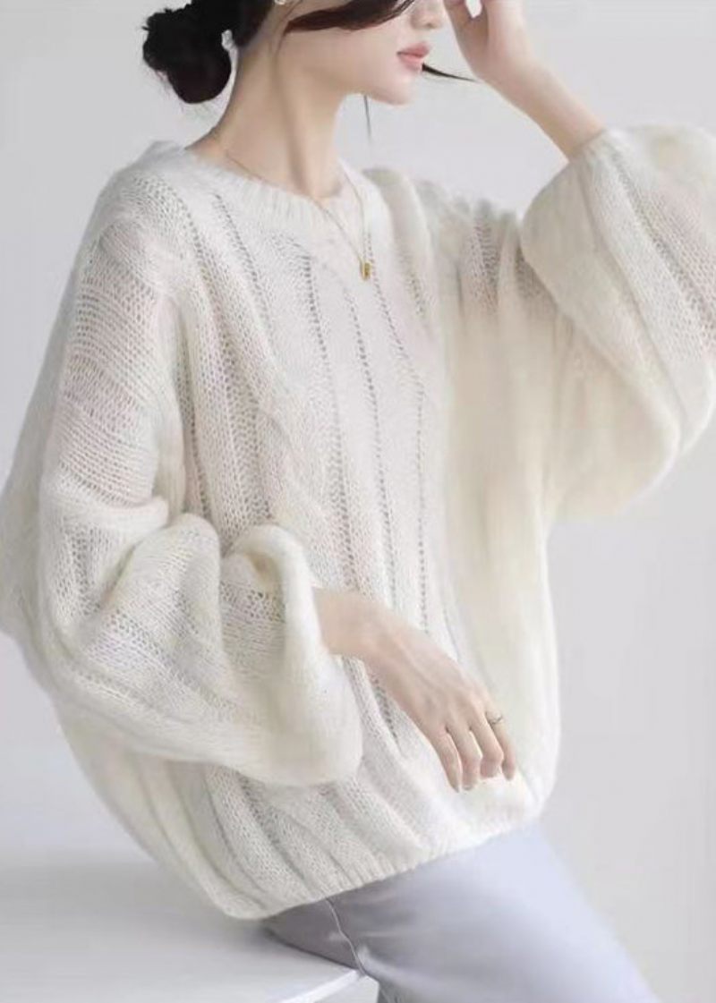 Loose White Hollow Out Hyggelig Woolen Shirt Puff Sleeve - Dame uldfrakker