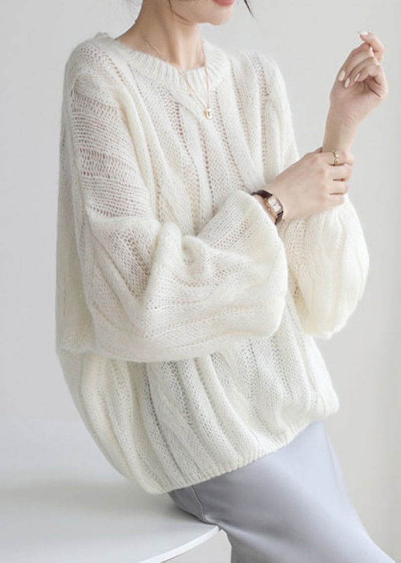 Loose White Hollow Out Hyggelig Woolen Shirt Puff Sleeve - Dame uldfrakker