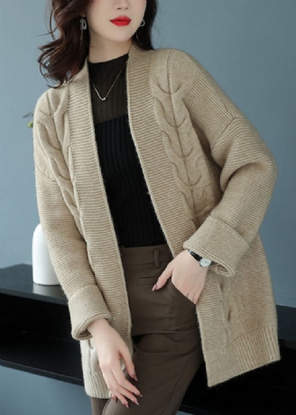 Løs Beige V-hals Patchwork Tyk Uld Strik Cardigan Efterår