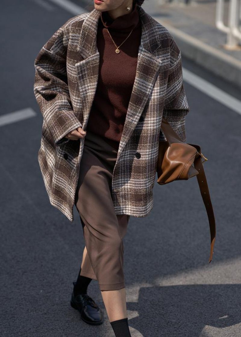 Løs Chokolade Plaid Fin Trenchcoat Garderobeskabe Med Hakkede Dobbelt Bryst Uldjakker - Sort