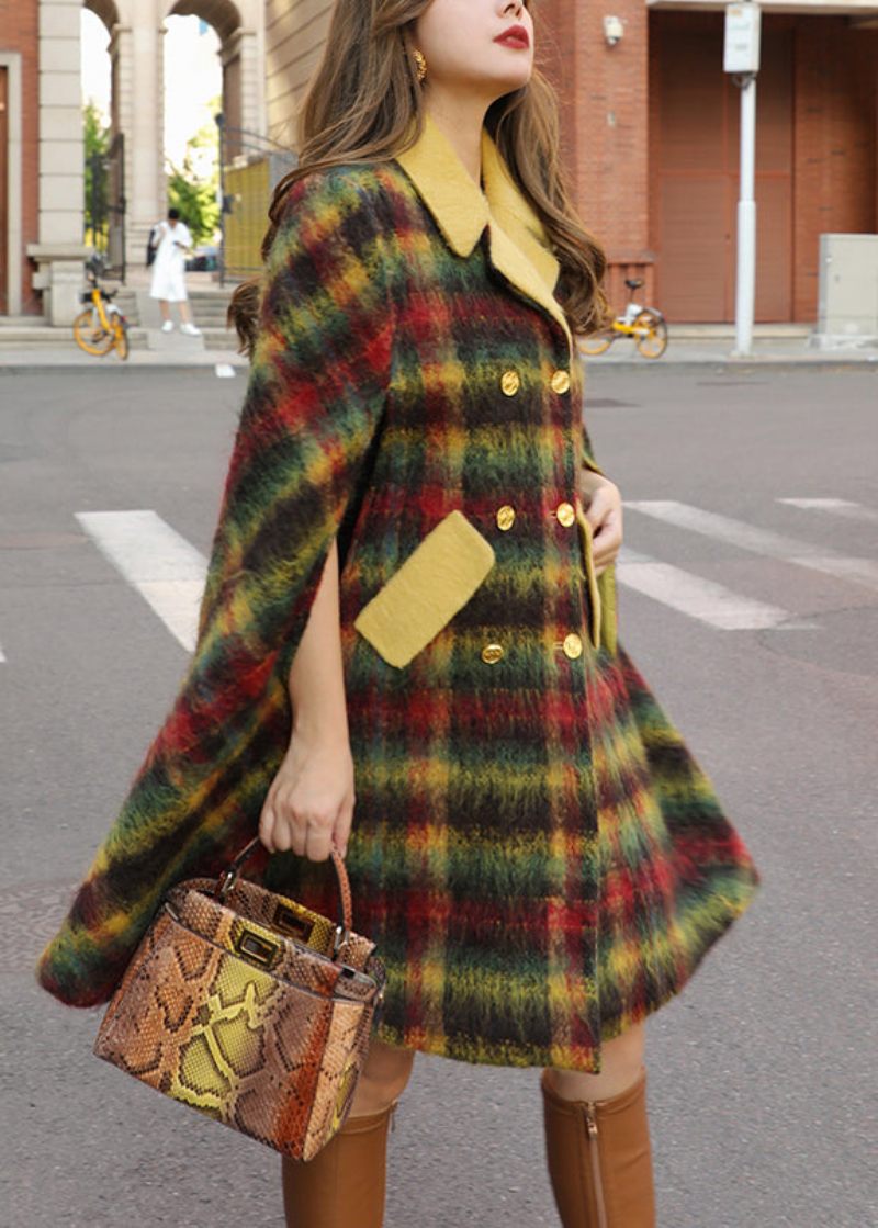 Løse Plaid Knaplommer Patchwork Ulden Cape Coats Ærmeløs - Dame uldfrakker