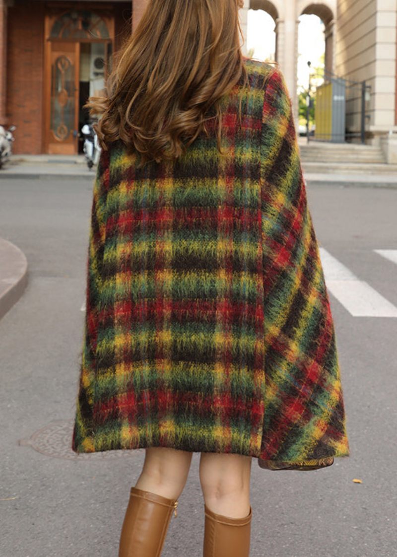 Løse Plaid Knaplommer Patchwork Ulden Cape Coats Ærmeløs - Dame uldfrakker