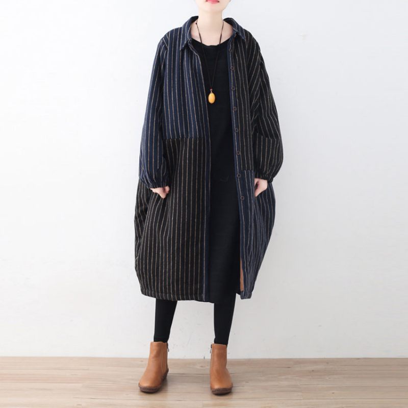 Luksus Blå Sort Stribet Dunfrakke Oversized Ulden Puffers Jakker Fint Patchwork Vinter Outwear