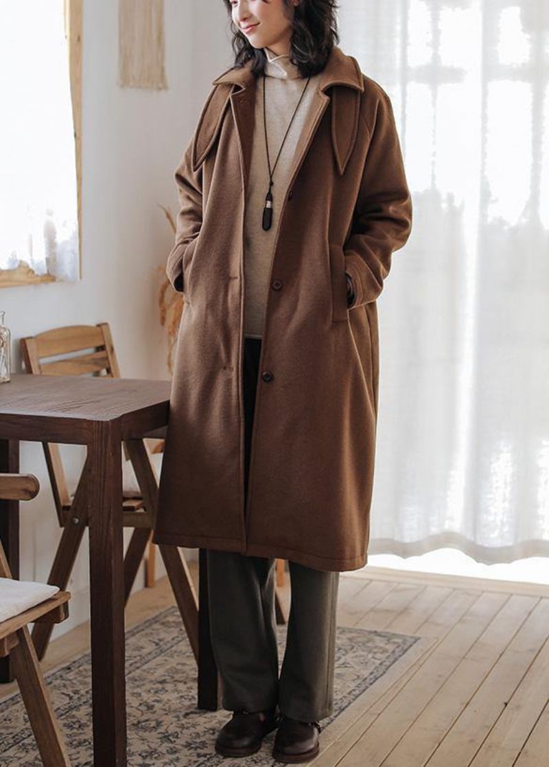 Luksus Brun Uldfrakke Til Kvinder Oversize Lommer. Notched Coats