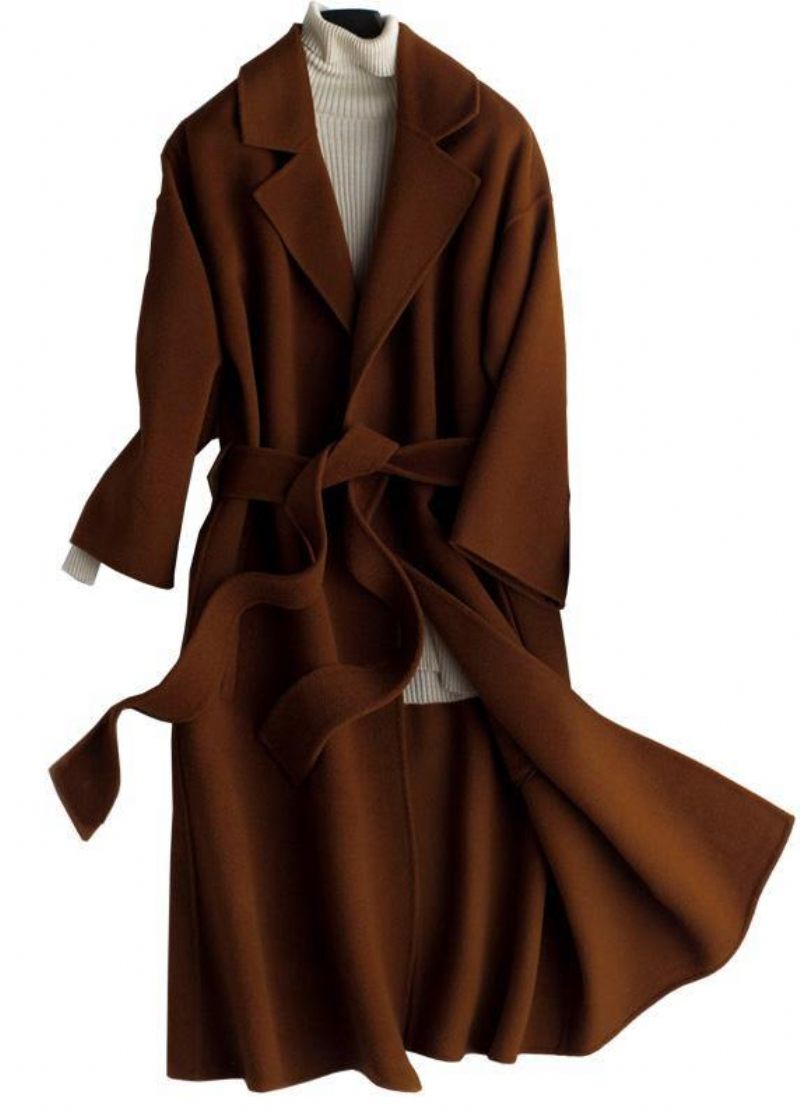 Luksus Oversize Trench Coat Brun Notched Tie Talje Ulden Dame - Dame uldfrakker