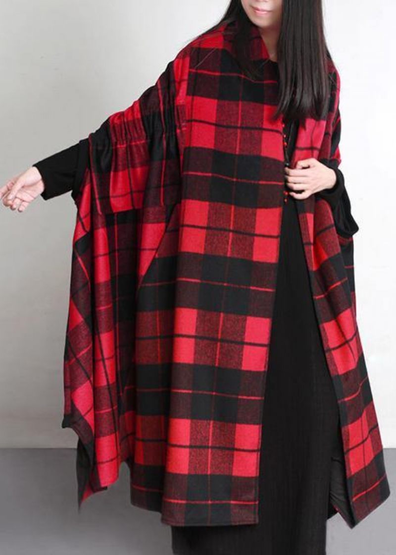 Luksus Plus Size Tøj Lang Vinterfrakke Outwear Rød Plaid Asymmetrisk Uldfrakke - Dame uldfrakker