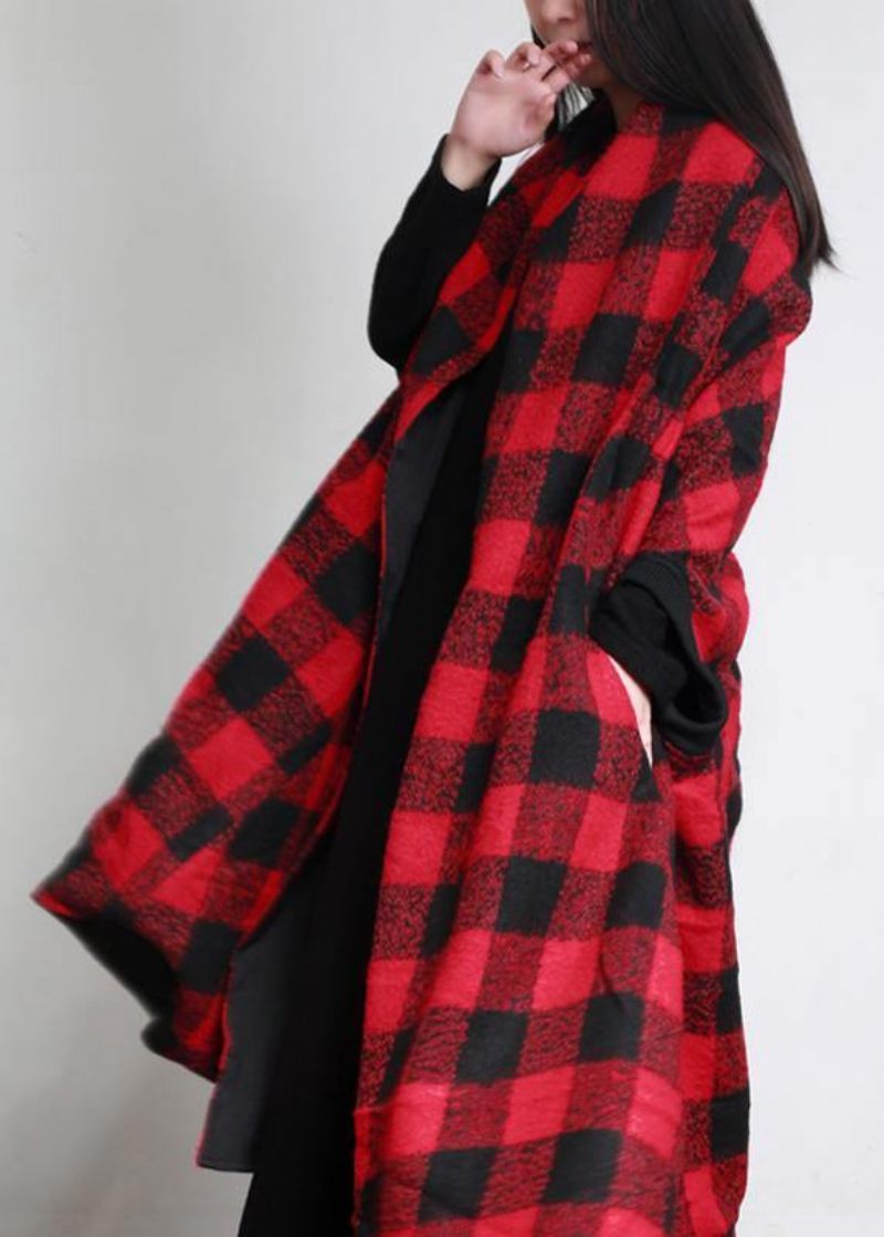 Luksus Plus Size Tøj Lang Vinterfrakke Outwear Rød Plaid Asymmetrisk Uldfrakke - Dame uldfrakker