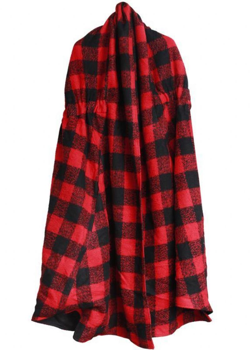 Luksus Plus Size Tøj Lang Vinterfrakke Outwear Rød Plaid Asymmetrisk Uldfrakke - Dame uldfrakker