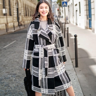 Luksus Sort Hvid Plaid Frakke Plus Størrelse Notched Wool Coat Boutique Bindebånd I Talje Uld