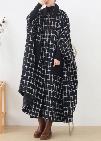 Mode Casual Maxi Frakke Outwear Sort Hvid Plaid Revers Lommer Woolen Coats