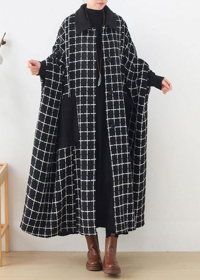 Mode Casual Maxi Frakke Outwear Sort Hvid Plaid Revers Lommer Woolen Coats - Dame uldfrakker