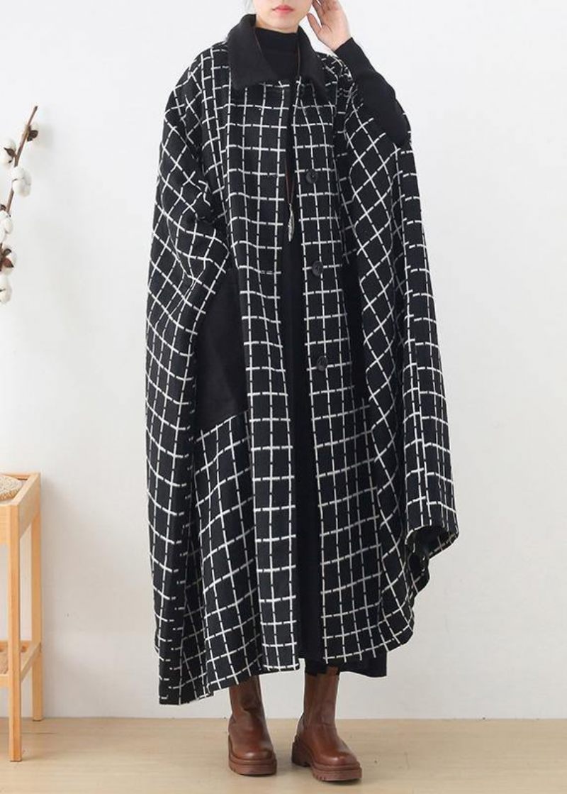 Mode Casual Maxi Frakke Outwear Sort Hvid Plaid Revers Lommer Woolen Coats - Dame uldfrakker