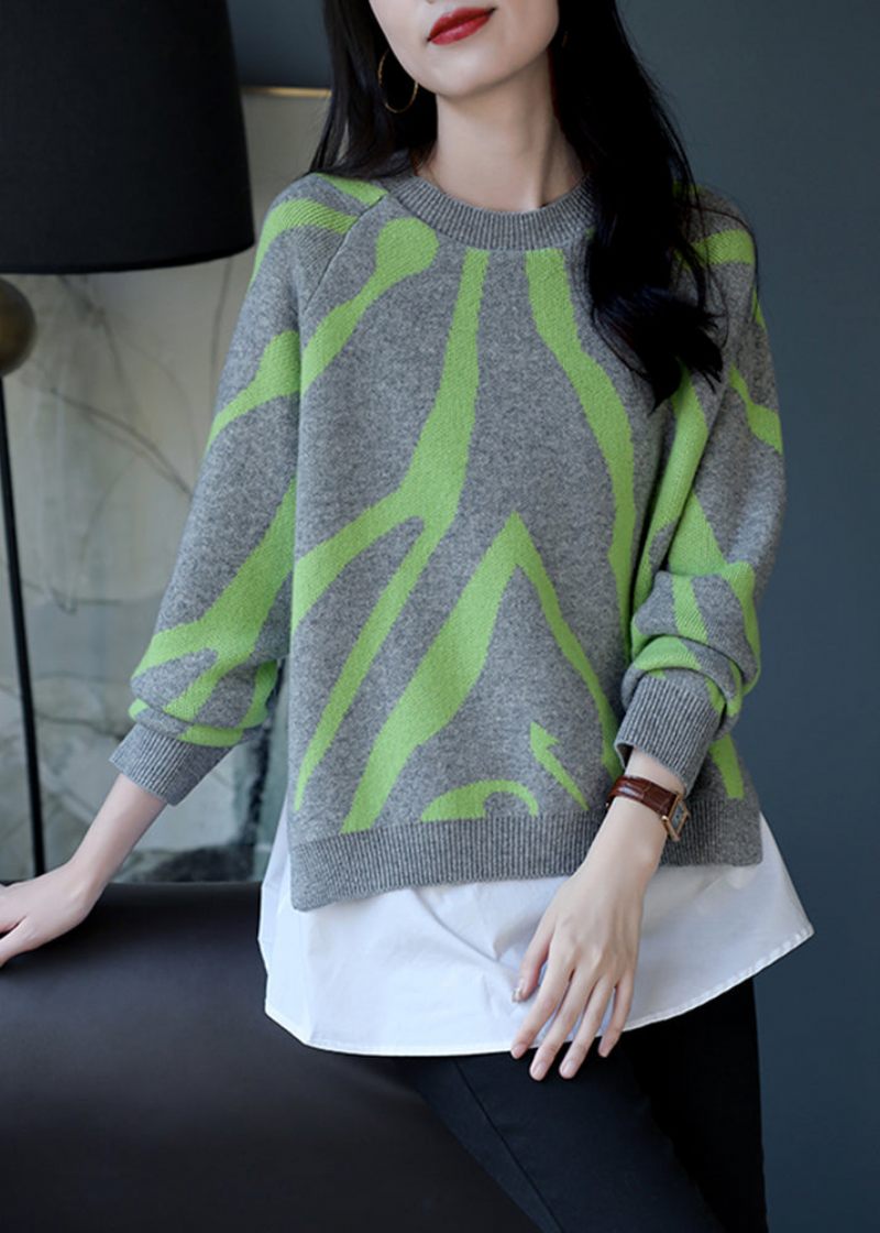 Mode Grå Print Patchwork Uld Strik Falsk To Stykke Pullover Toppe Vinter - Dame uldfrakker