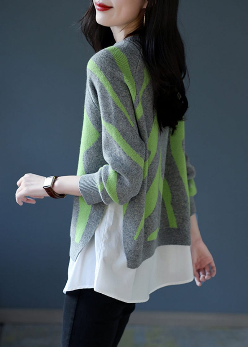 Mode Grå Print Patchwork Uld Strik Falsk To Stykke Pullover Toppe Vinter - Dame uldfrakker