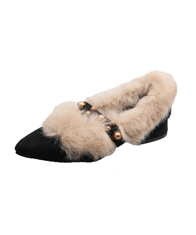 Mode Sort Fuzzy Uld Foret Chunky Ruskind Nitte Spidstå Penny Loafers - Dame uldfrakker