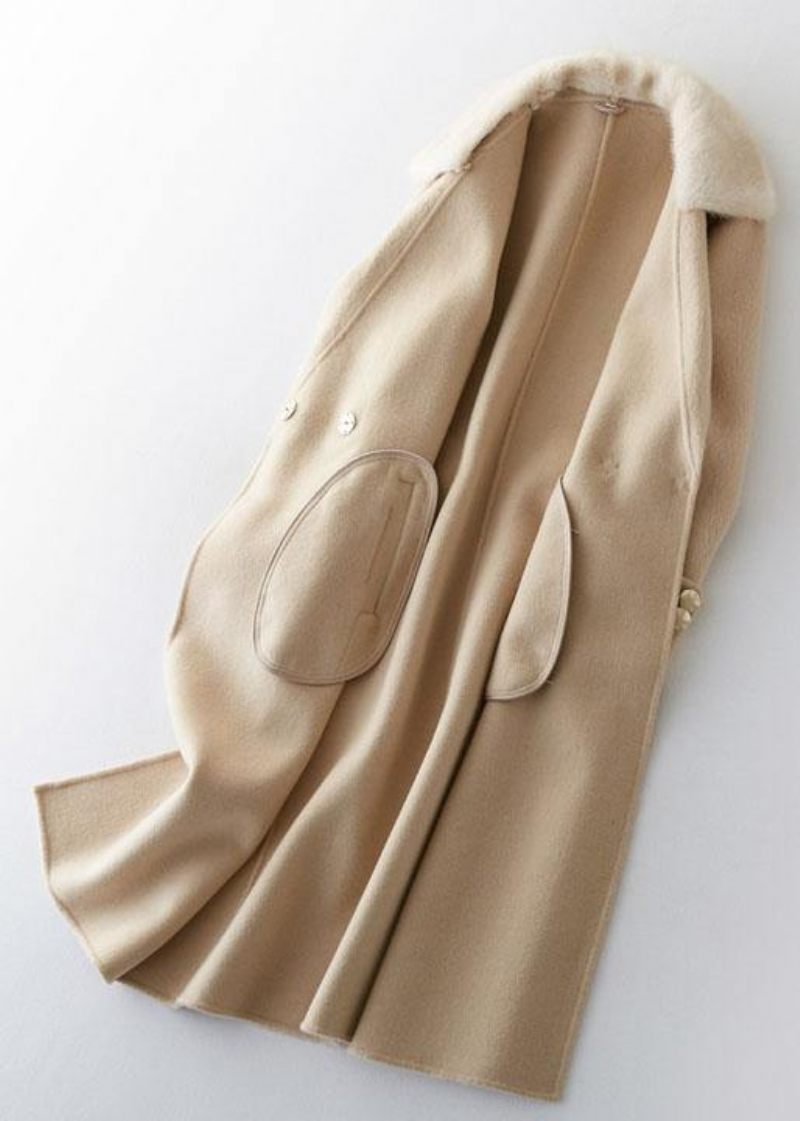 Modebeige Ulden Outwear Oversized Lange Frakker Pelskrave Notched - Dame uldfrakker