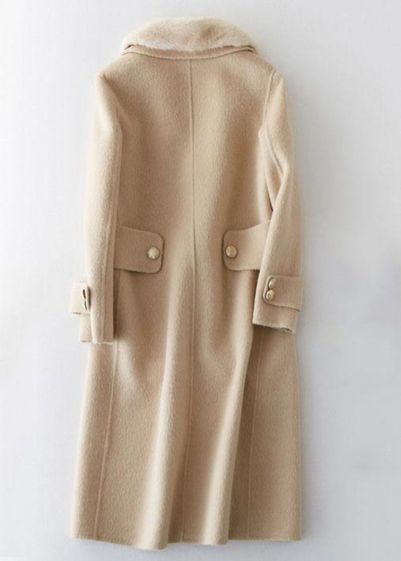 Modebeige Ulden Outwear Oversized Lange Frakker Pelskrave Notched - Dame uldfrakker