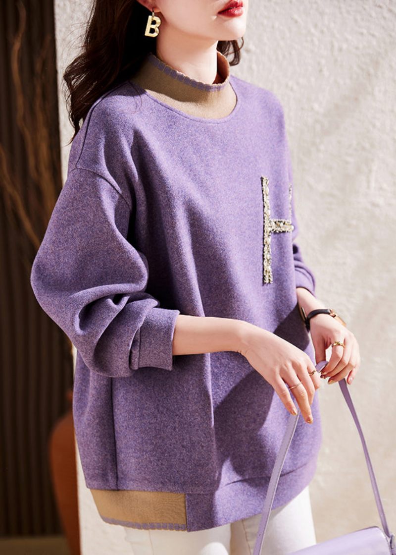 Moderne Lilla Halv Hign Neck Nail Bead Patchwork Ulden Pullover Sweatshirt Fall