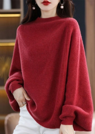 Moderne Rød O-hals Oversized Uld Strik Sweater Toppe Batwing Ærme