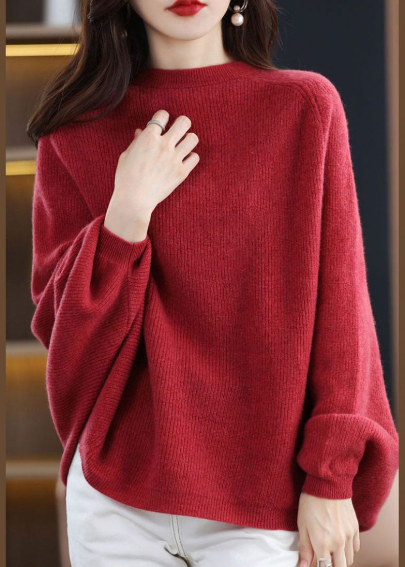 Moderne Rød O-hals Oversized Uld Strik Sweater Toppe Batwing Ærme - Dame uldfrakker