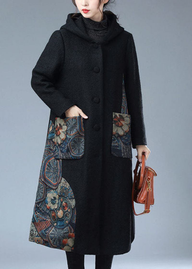 Moderne Sort Hætteprint Varm Fleece Uld Trenchcoat Vinter - Dame uldfrakker