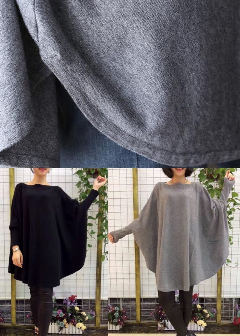 Moderne Sort Skråhals Løs Efterårsuld Strikkede Sweaters - Sort