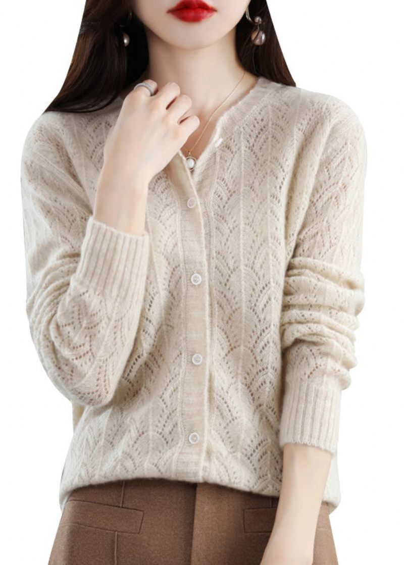 Monteret Beige O-hals Hul Ud Knap Patchwork Uldne Cardigans Efterår - Dame uldfrakker