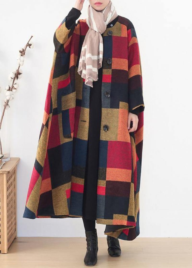 Ny Plus Size Tøj Trenchcoat Outwear Gul Plaid O Hals Ekstra Stor Søm Uld Frakke - Gul