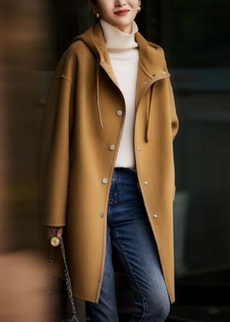 Nye Camel Hooded Button Lommers Woolen Long Coat Fall