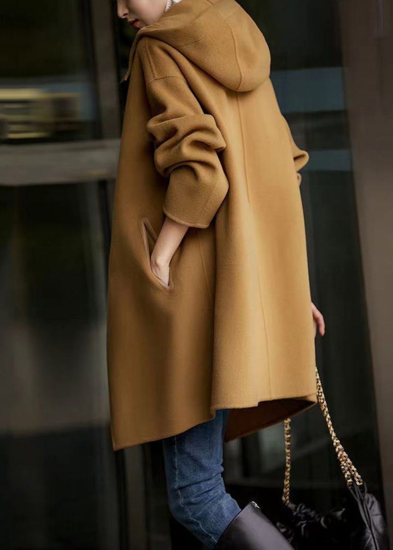 Nye Camel Hooded Button Lommers Woolen Long Coat Fall - Dame uldfrakker