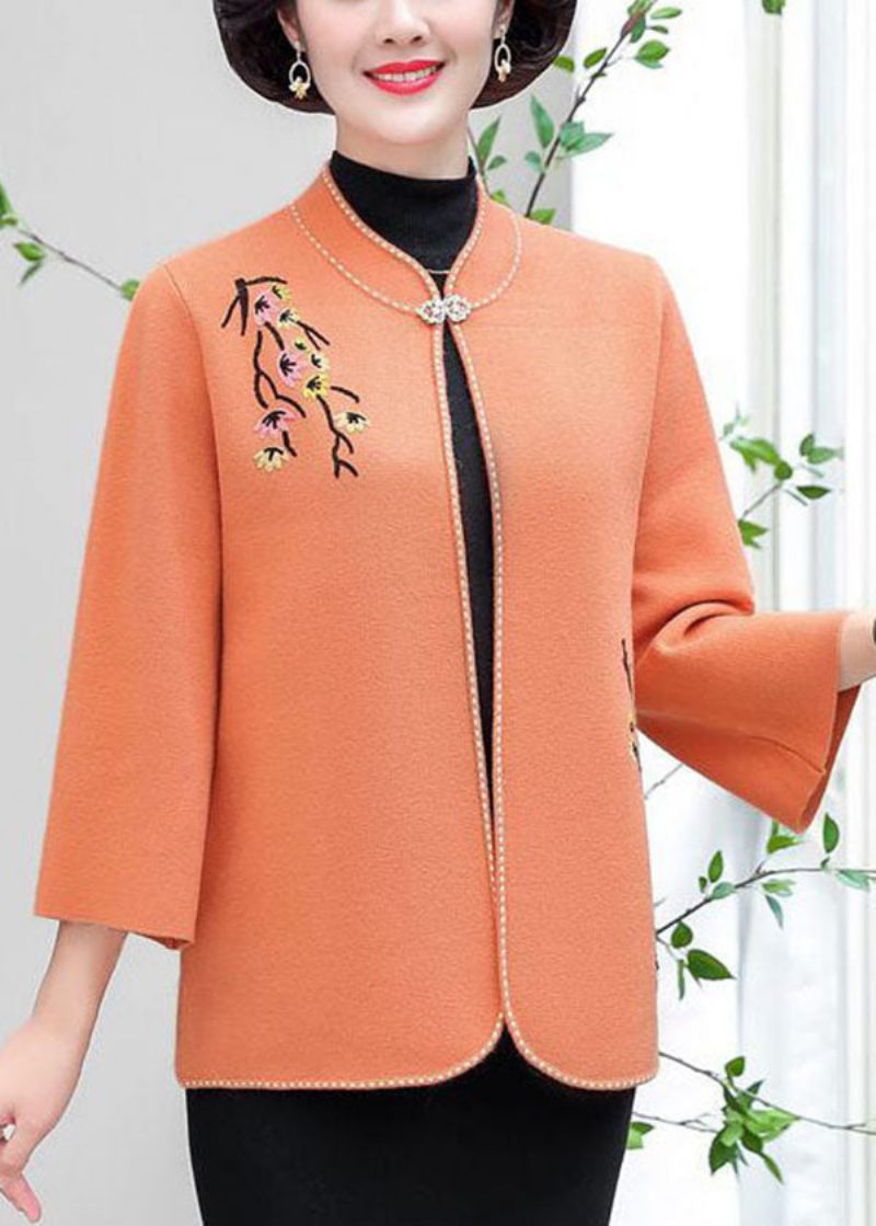 Orange Uld Cardigans Broderet Standkrave Vinter - Orange