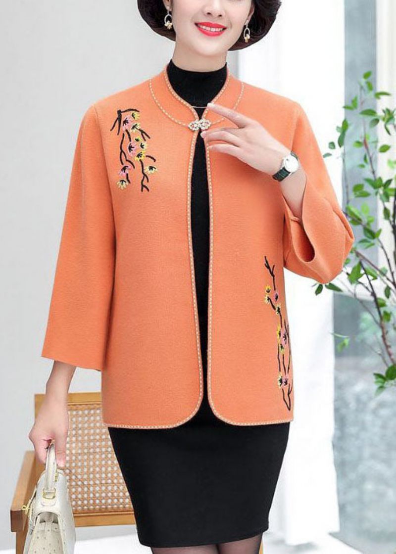 Orange Uld Cardigans Broderet Standkrave Vinter - Orange