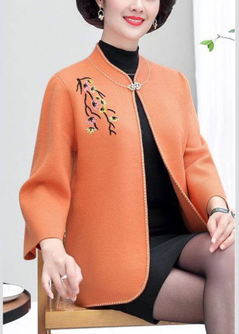 Orange Uld Cardigans Broderet Standkrave Vinter - Orange