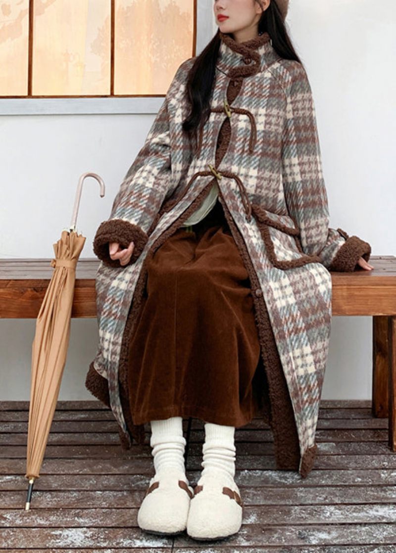 Originale Grønne Kaffe Plaid Lommer Fleece Uld Foret Frakke Vinter