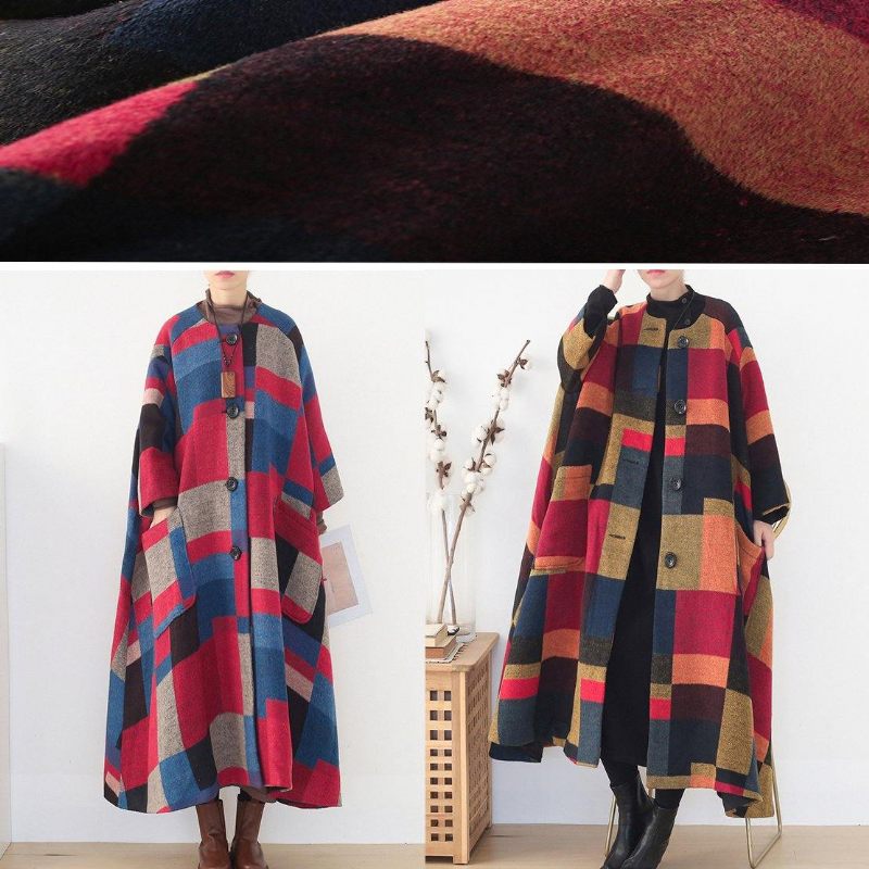 Oversized Maxi Frakke Vinter Kashmir Coated Plaid Mode Ulden Outwear - Rød