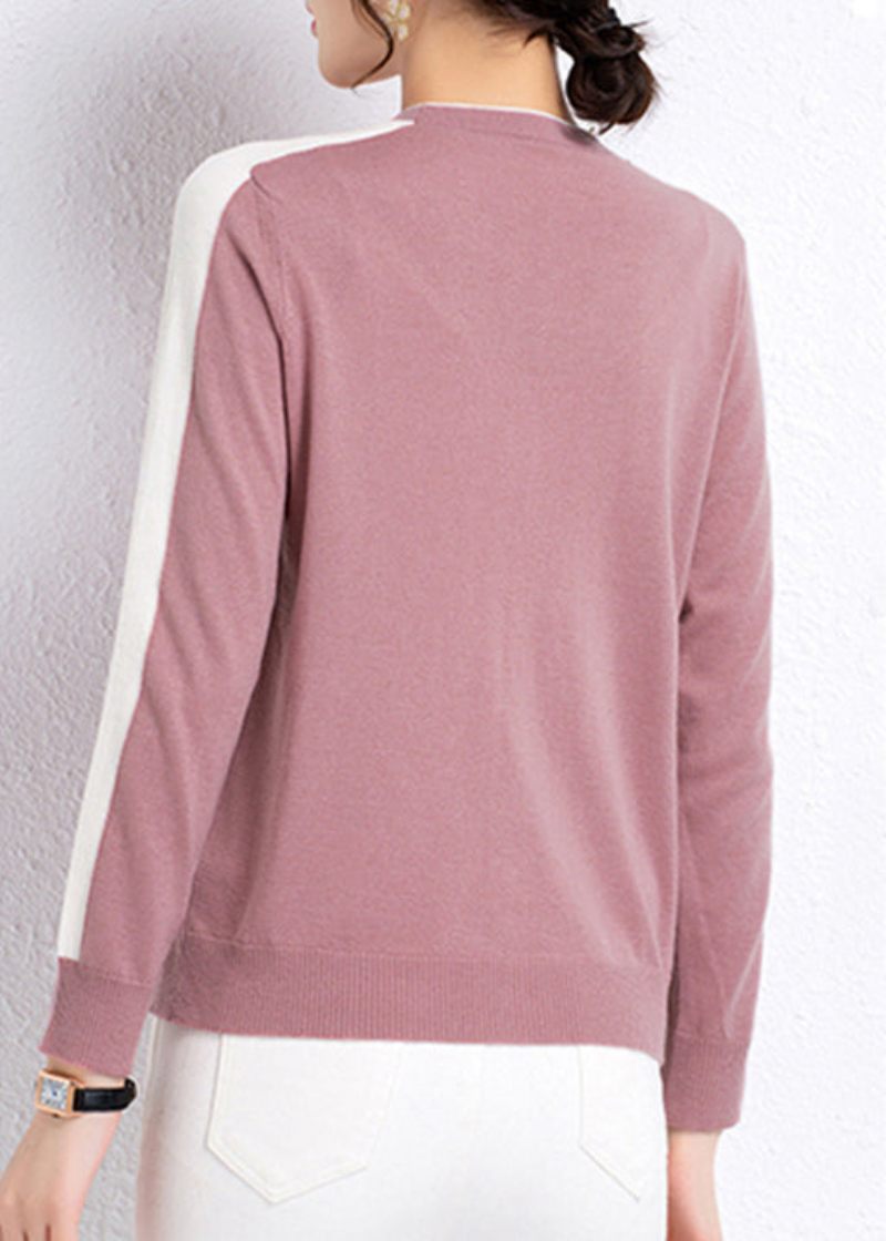 Pink Knap Colorblock Uld Strik Cardigans Lange Ærmer - Pink