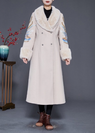 Plus Size Beige Pelskrave Broderet Dobbelt Bryst Uld Trench Vinter