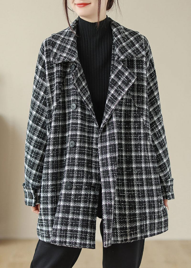 Plus Size Black Plaid Peter Pan Kravelommer Uldjakke Fall