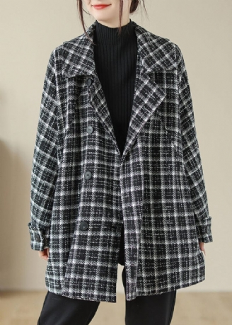 Plus Size Black Plaid Peter Pan Kravelommer Uldjakke Fall