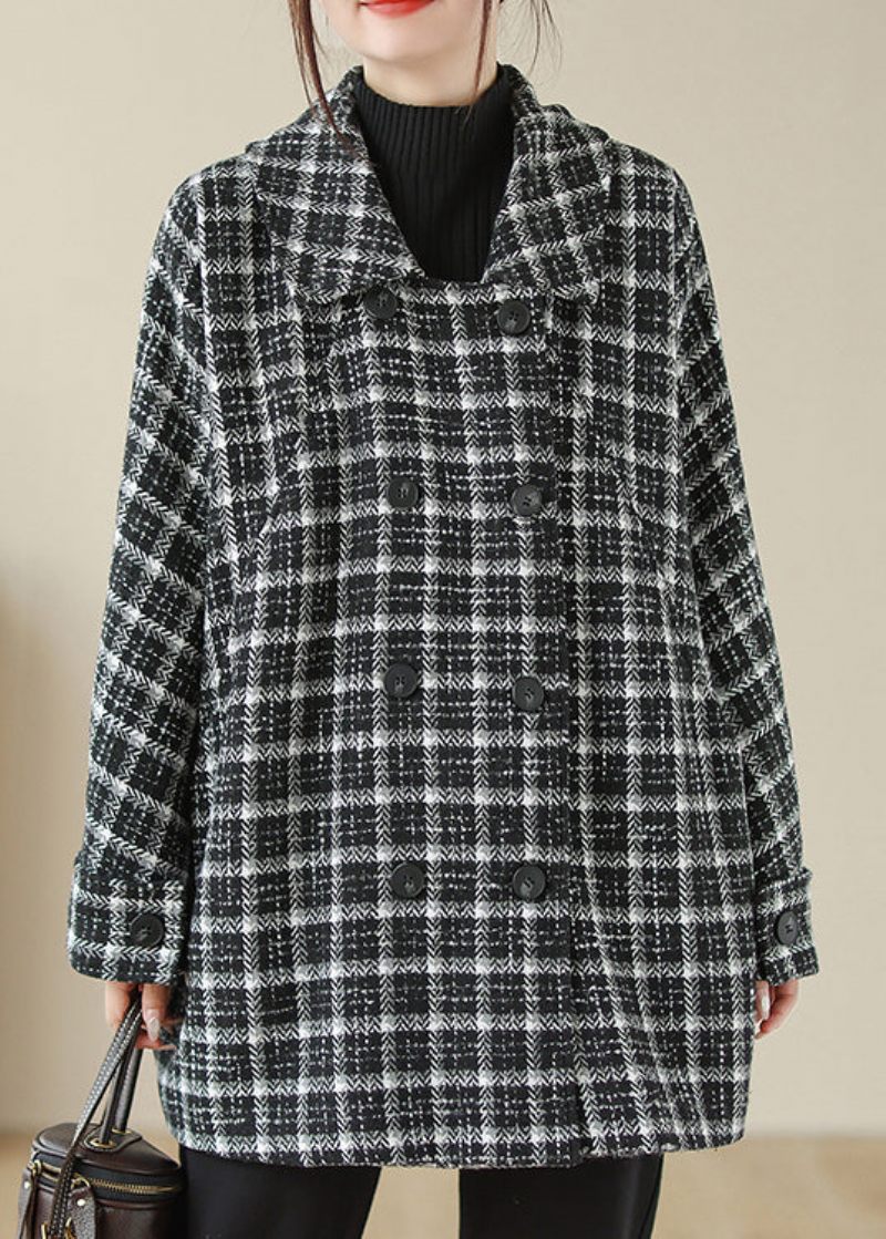 Plus Size Black Plaid Peter Pan Kravelommer Uldjakke Fall - Dame uldfrakker