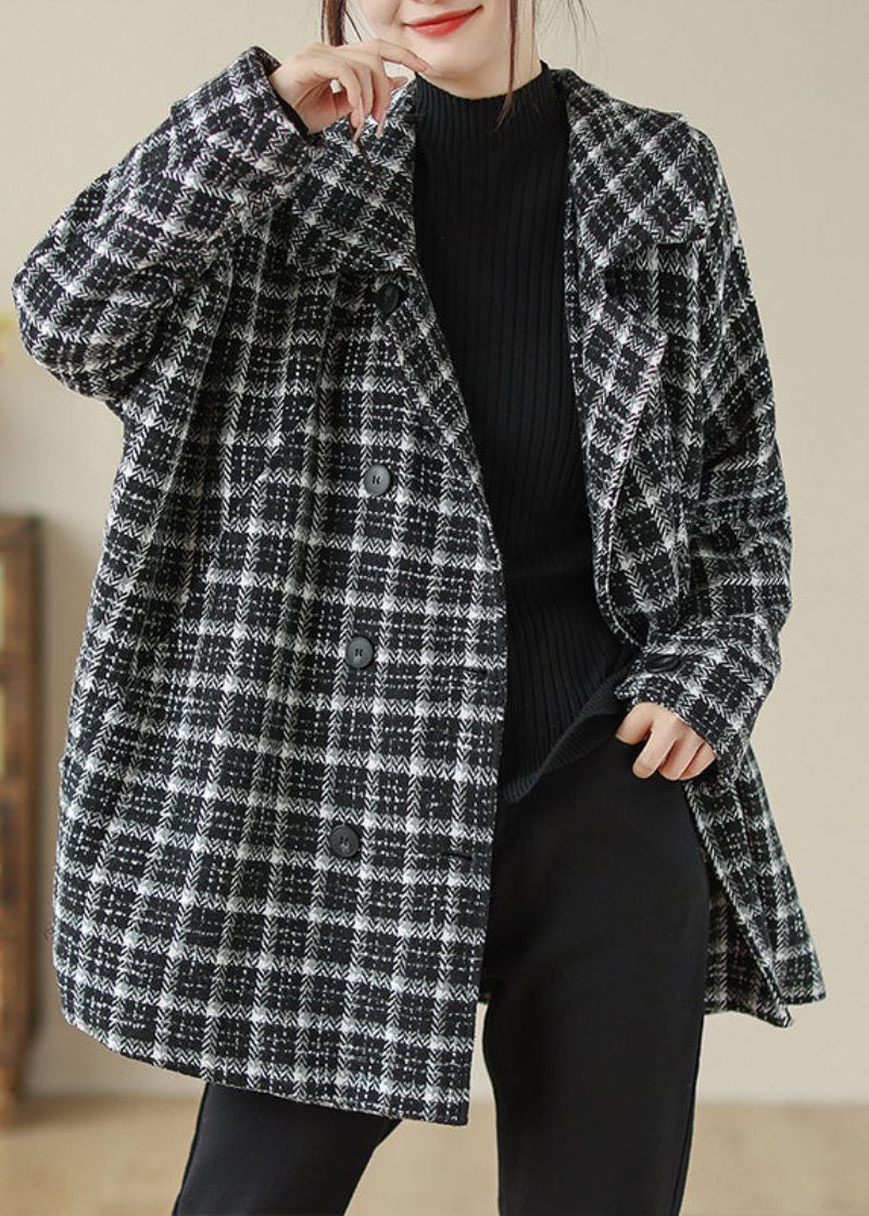 Plus Size Black Plaid Peter Pan Kravelommer Uldjakke Fall - Dame uldfrakker