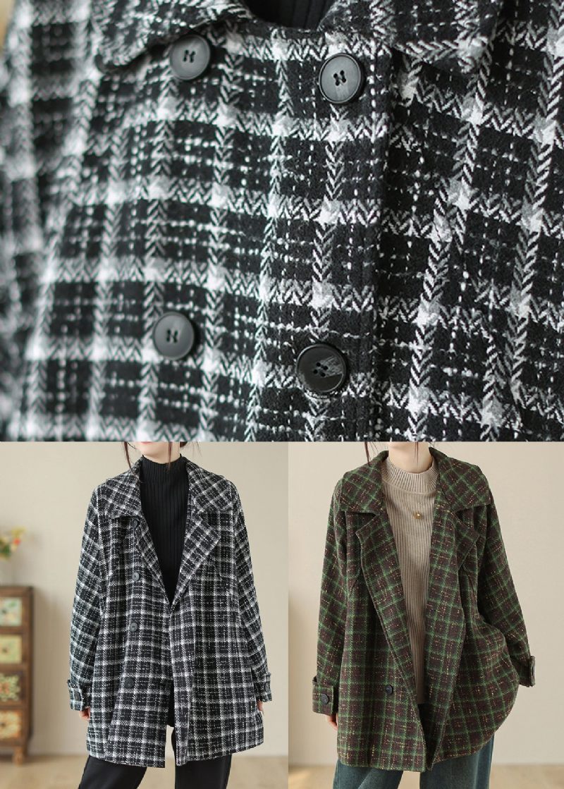 Plus Size Black Plaid Peter Pan Kravelommer Uldjakke Fall - Dame uldfrakker