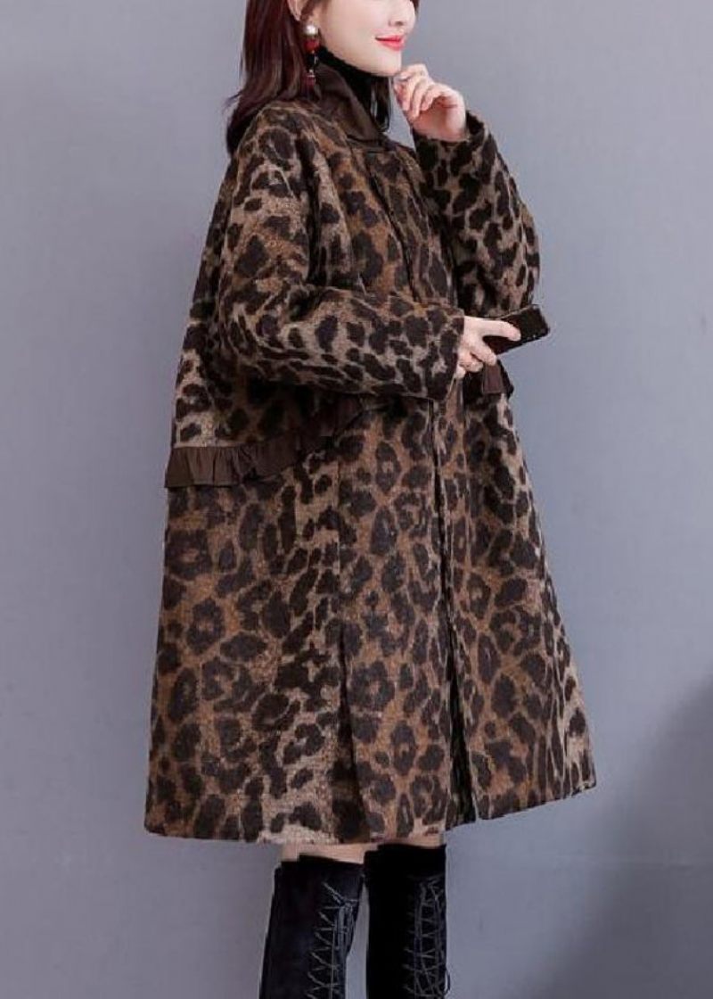 Plus Size Leopard Flæsede Lommer Tykke Uldne Frakker Langærmede