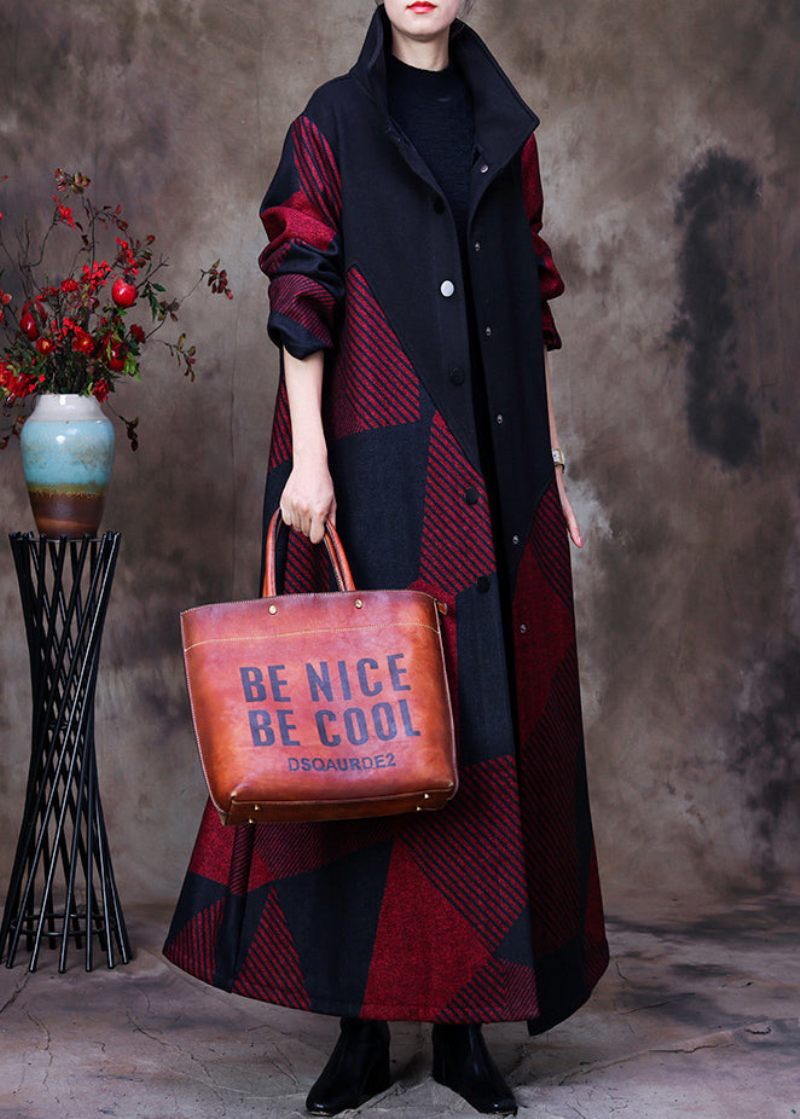 Plus Size Mulberry Stand Krave Asymmetrisk Patchwork Knap Ulden Maxi Coat Langærmet